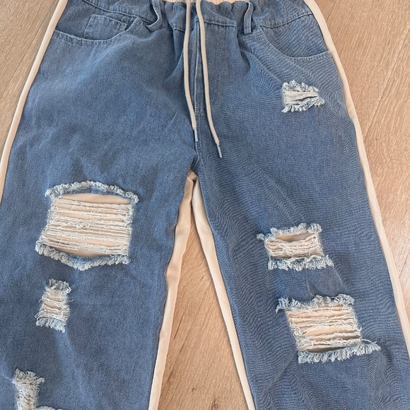 🔥Brand New Y2K Denim Patchwork Drawstring Distressed Jeans  Size S - Picture 11 of 11